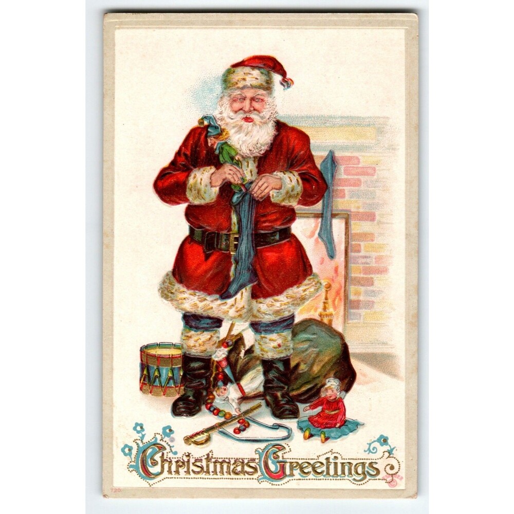 Santa Claus Christmas Postcard Fills Stocking Embossed Toys Fireplace P Sander
